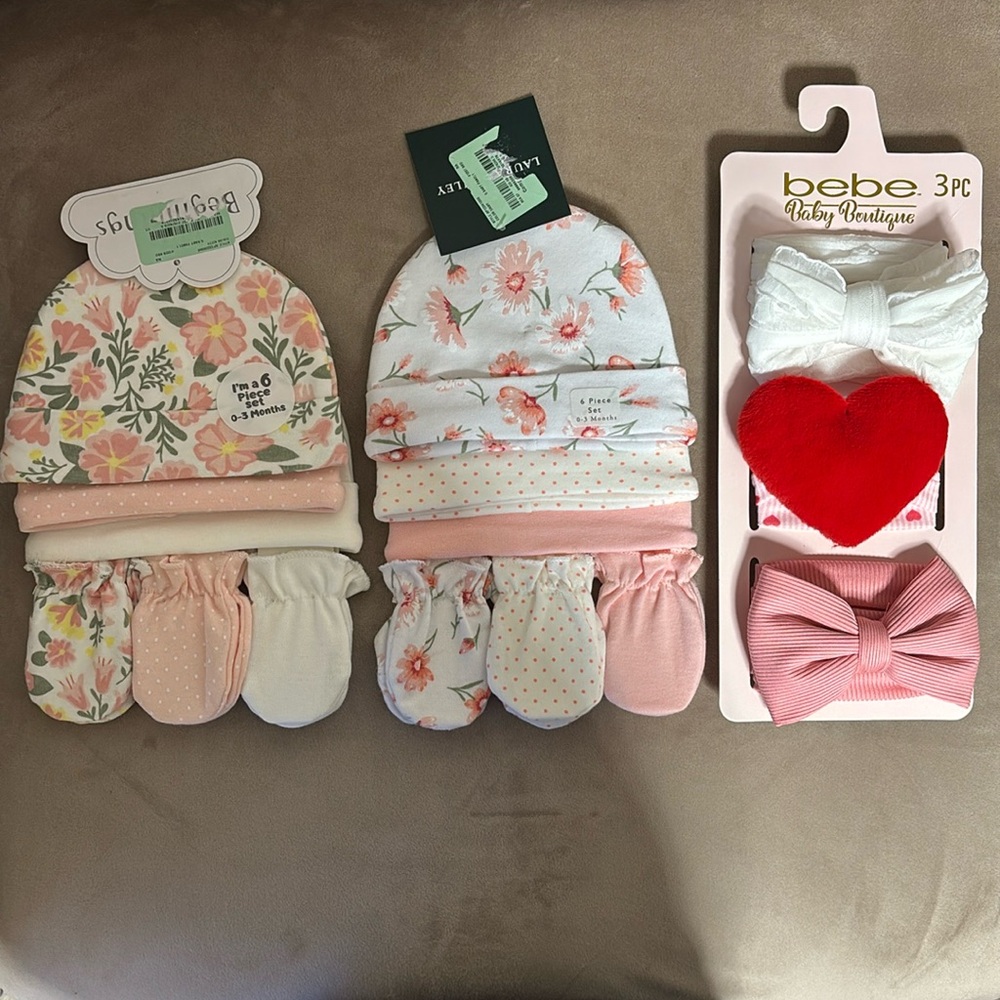 Bundle of 6 Hats ,6 Mittens /0-3 Months baby & 3 baby Headbands